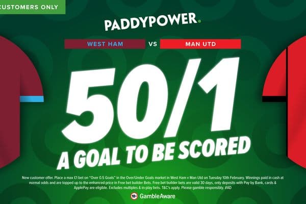 West Ham vs Man Utd: Get 50-1 for a goal to be scored with Paddy Power